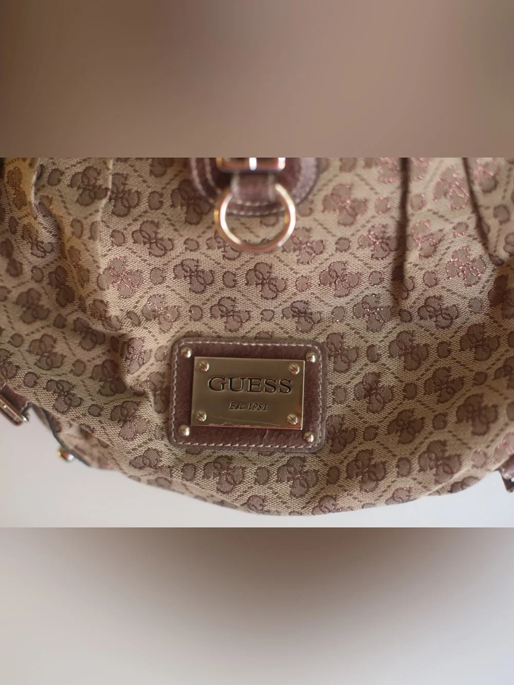 Guess Monogram Hobo Shoulder Bag Brown Canvas Faux Leather Y2K